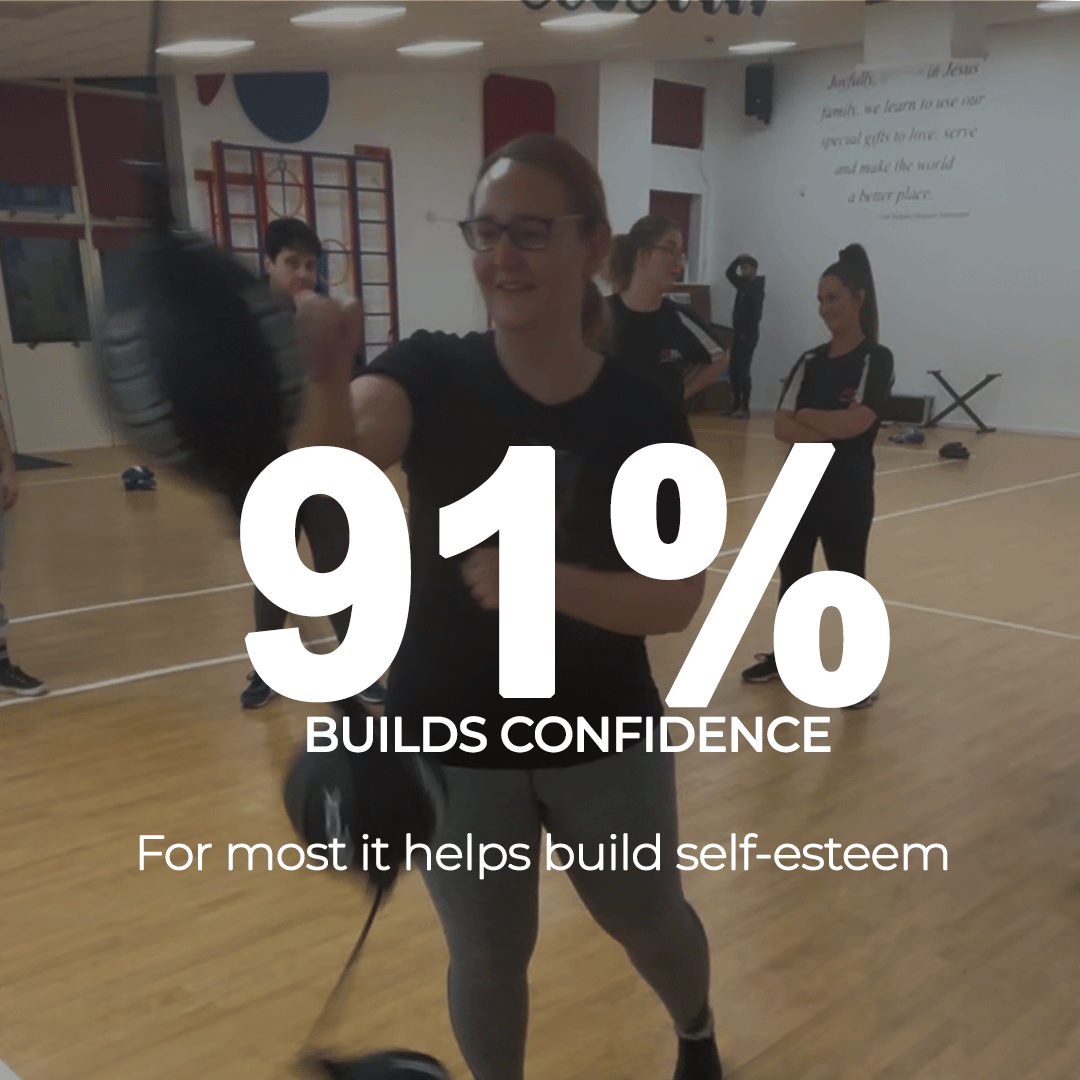 woman punching a boxing bag, in a gym. 91% helps build confidence using Triboxking